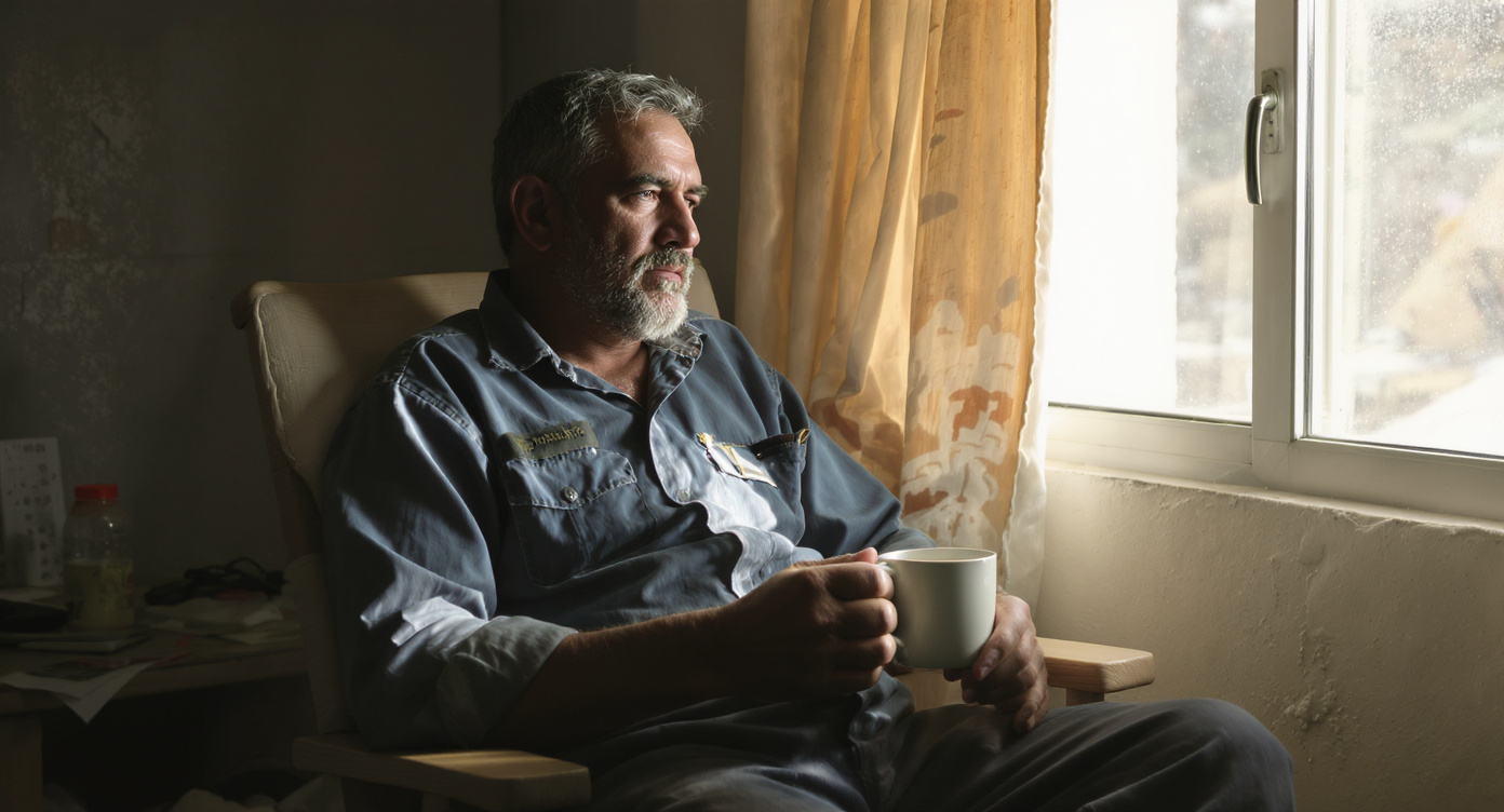 Trabajador en un momento de calma junto a la ventana con una taza, luz suave
