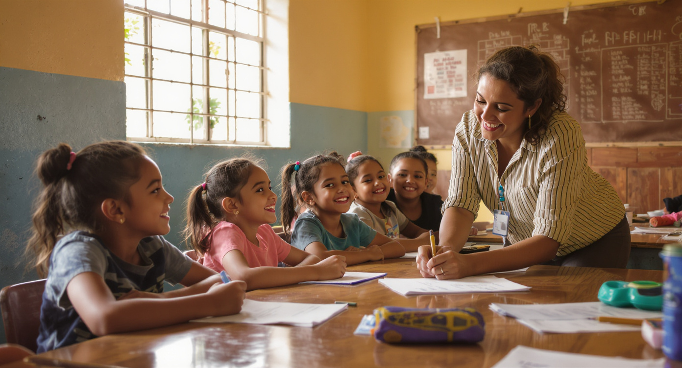 Profesora acompañando a niñas y niños en una sala de clases con luz natural